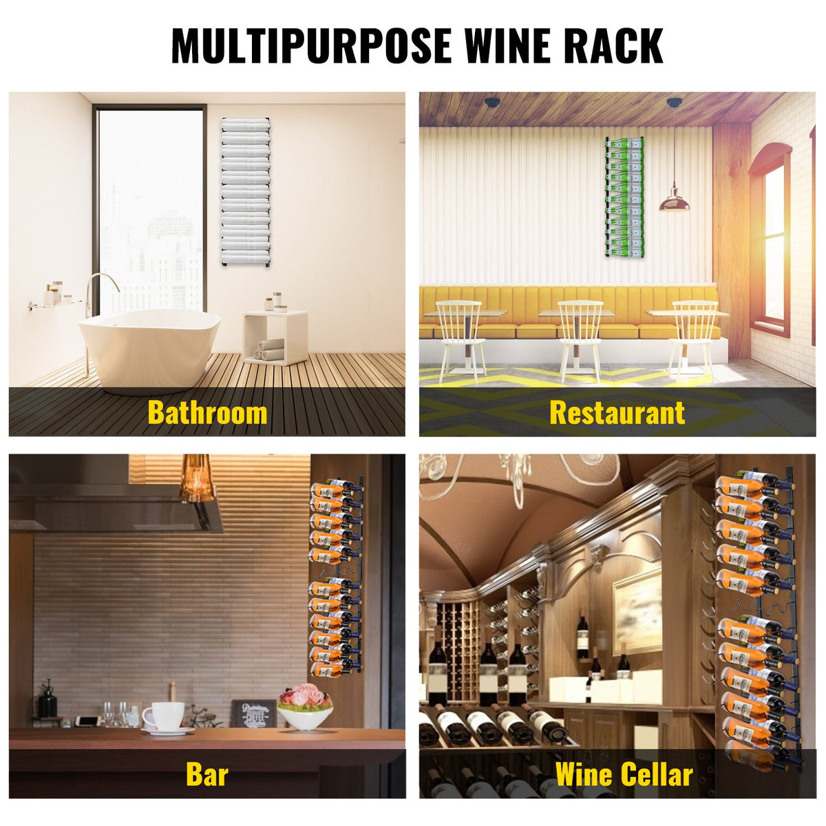 Wall Mounted Wine Rack 12x2 Bottles Black Steel Vertical Holder Decorative