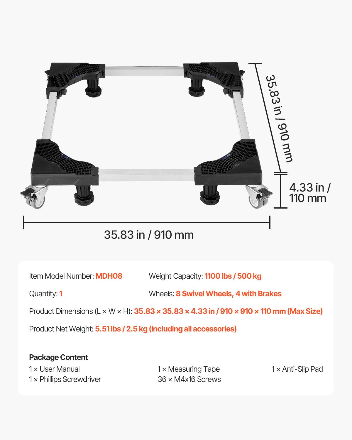 Fridge Stand Mobile Base 1100lbs Adjustable 27.5-35.4in 8 Wheels 4 Brakes