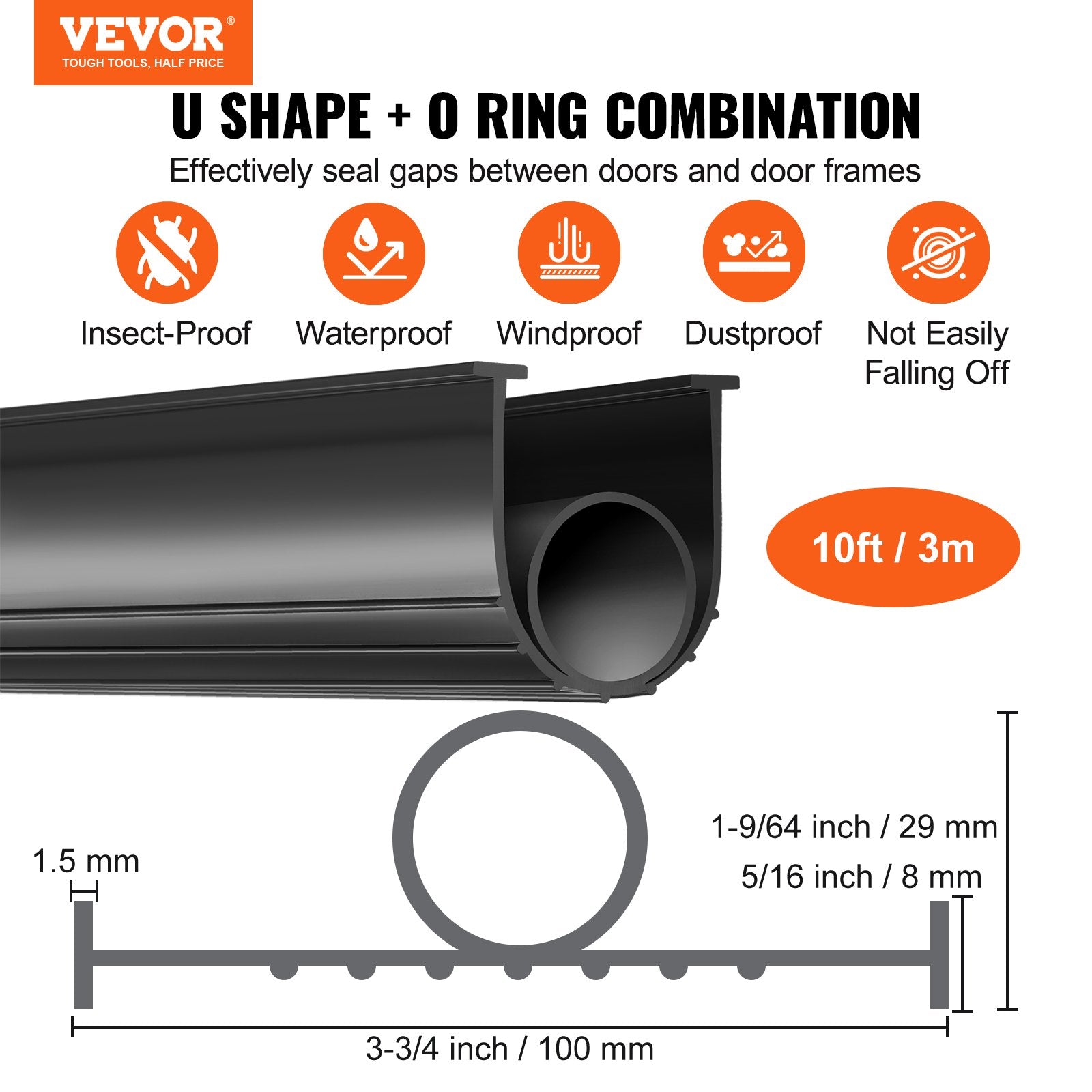 10ft Garage Door Bottom Seal U Shape + O Ring Weatherproof Rubber Black