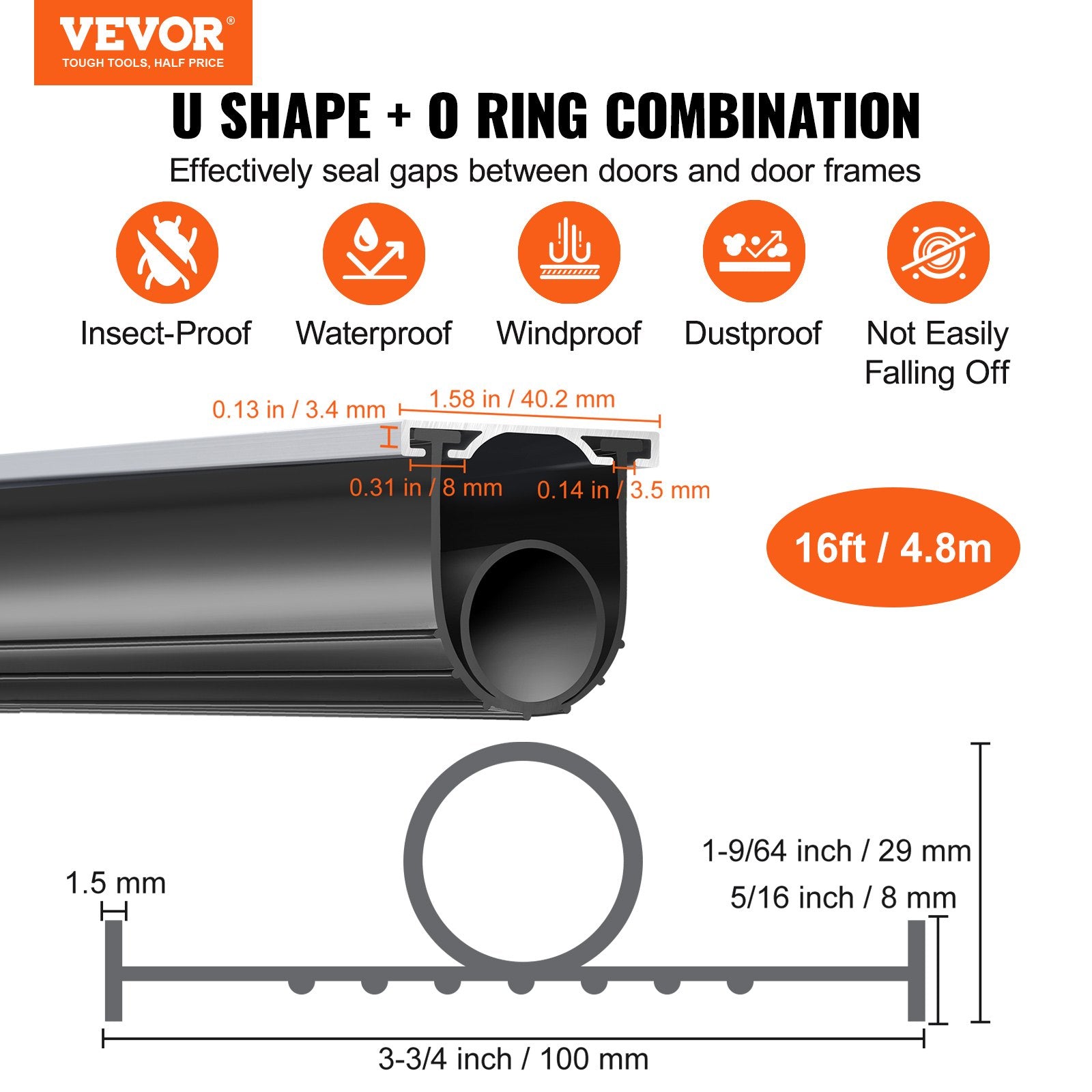 16ft Garage Door Bottom Seal Kit U Shape + O Ring Weatherproof Rubber