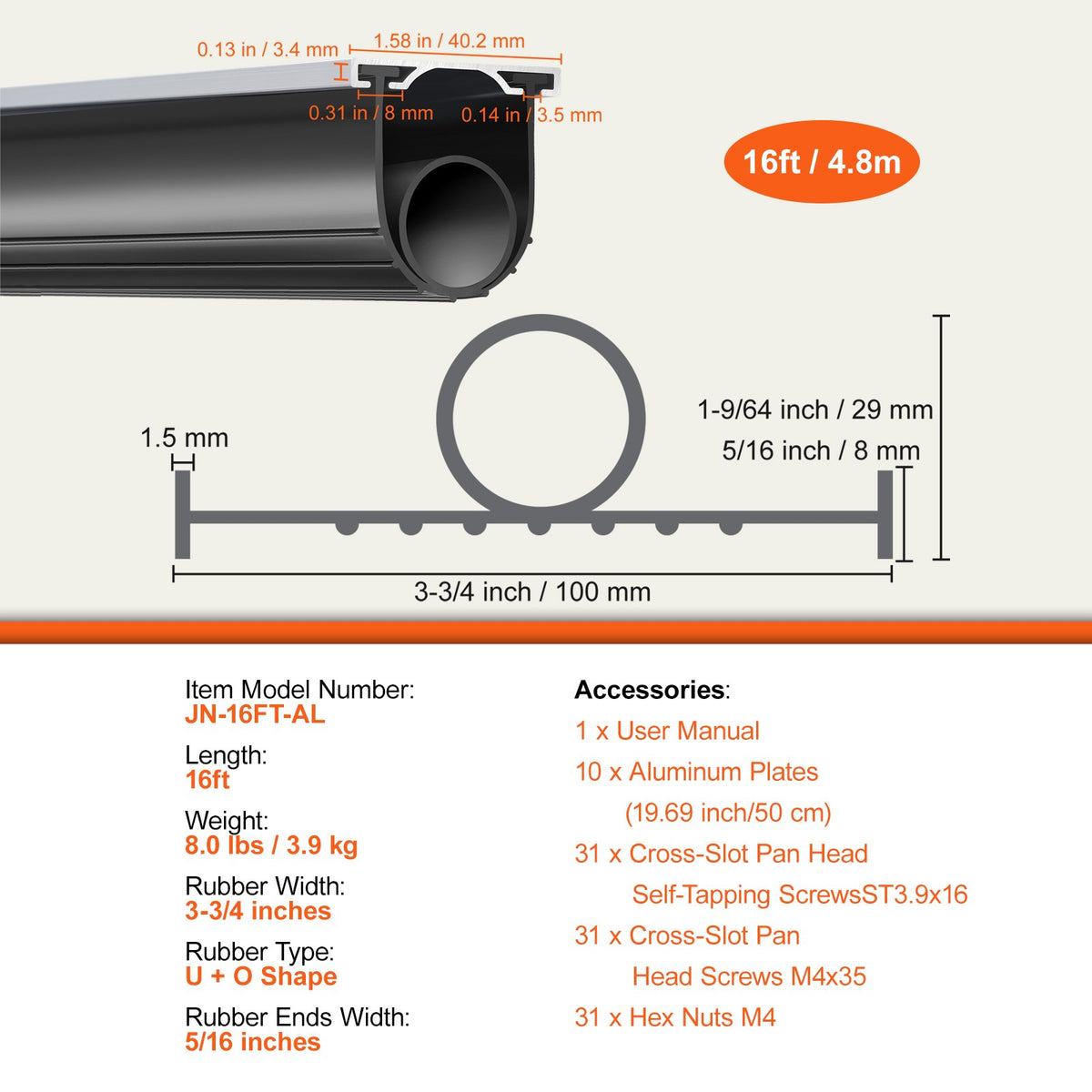 16ft Garage Door Bottom Seal Kit U Shape + O Ring Weatherproof Rubber