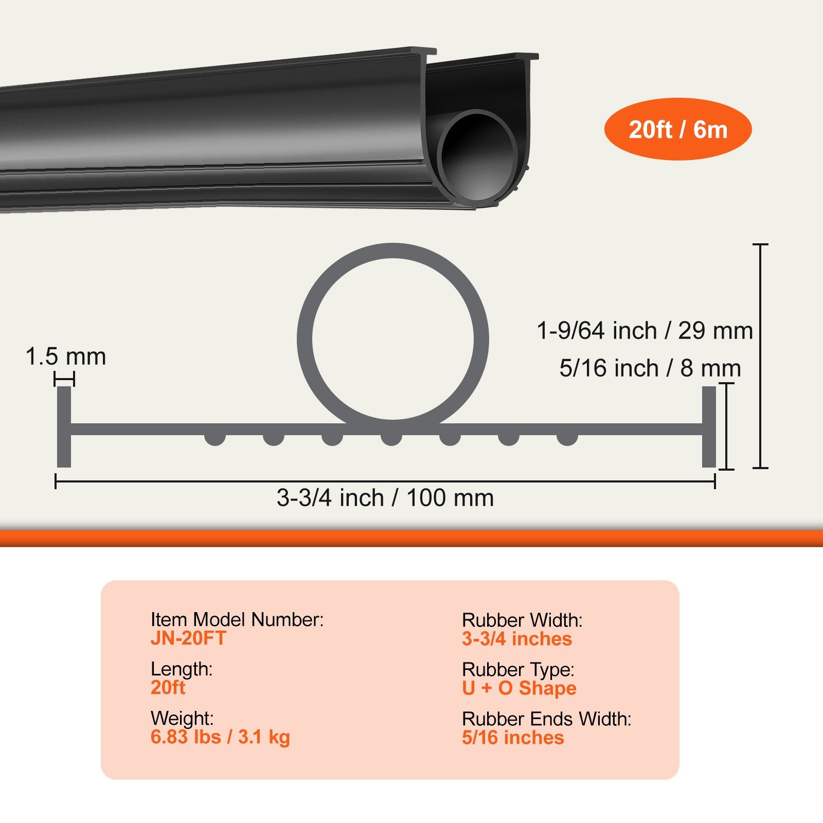Garage Door Bottom Seal U-Shape + O-Ring 20ft Weatherproof Black