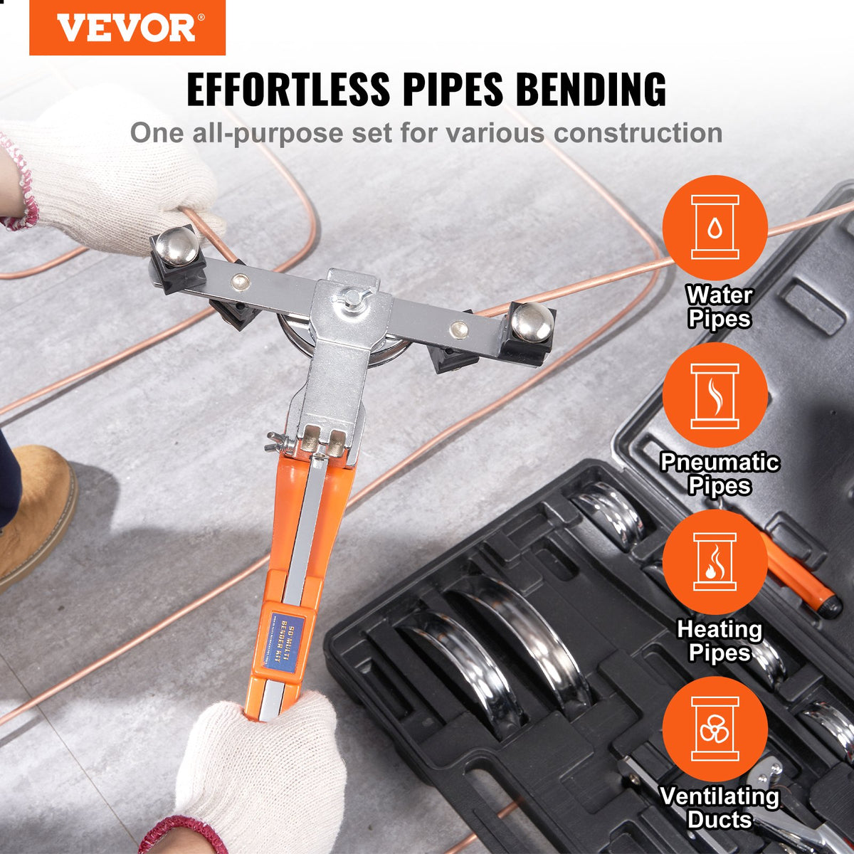 Ratcheting Pipe Tube Bender and 90° Forward/Reverse Bending Tools with 7 Dies