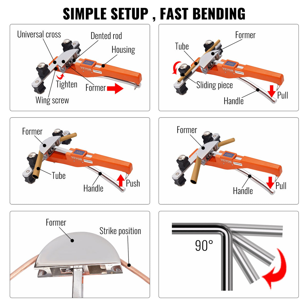 Ratcheting Pipe Tube Bender and 90° Forward/Reverse Bending Tools with 7 Dies