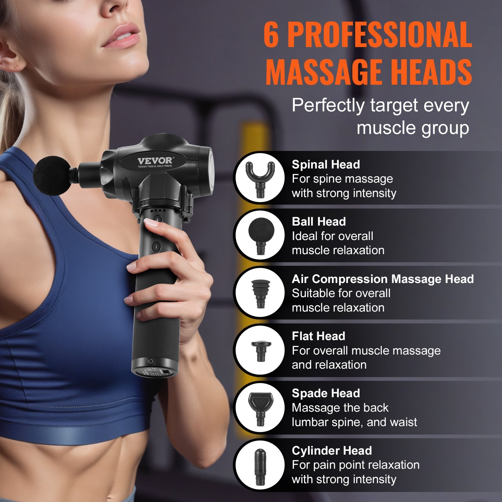 Massage Gun Deep Tissue Handheld 9-Speed 6-Head Percussion Muscle Massager 24V