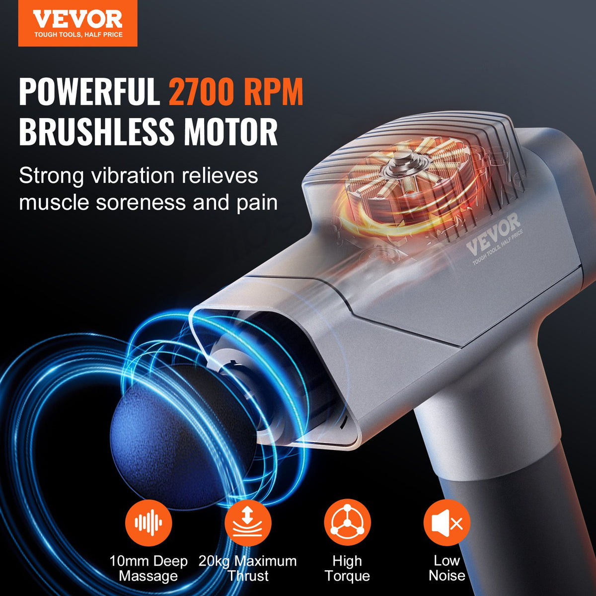 Massage Gun Deep Tissue Handheld 8-Speed 6-Head Percussion Muscle Massager 16V