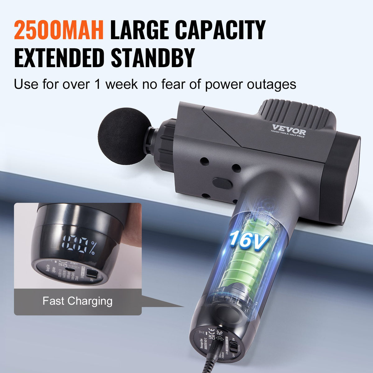 Massage Gun Deep Tissue Handheld 8-Speed 6-Head Percussion Muscle Massager 16V