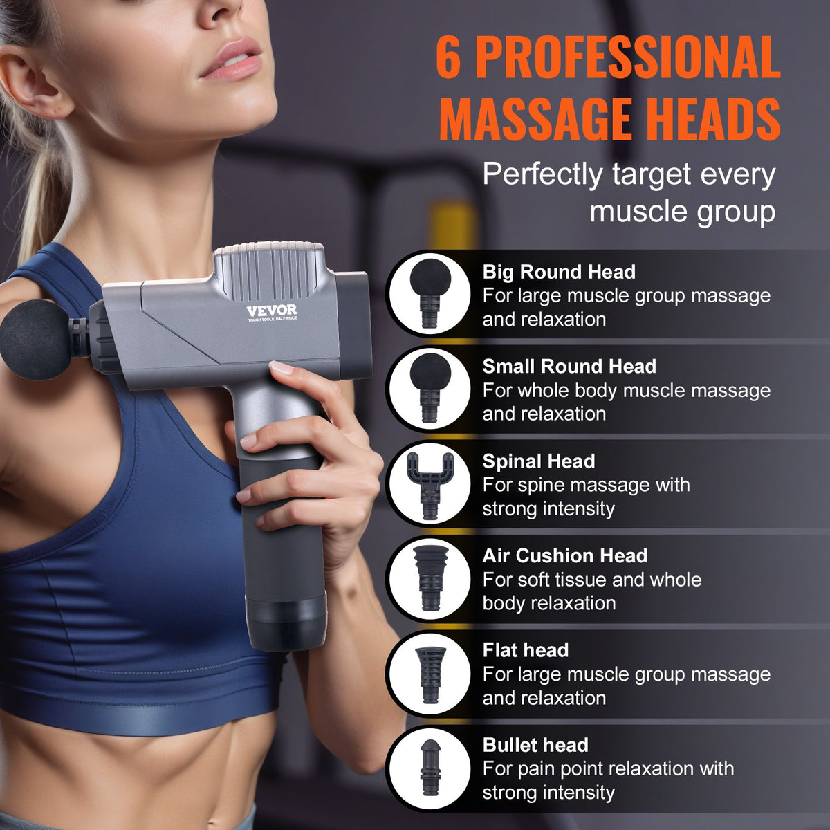 Massage Gun Deep Tissue Handheld 8-Speed 6-Head Percussion Muscle Massager 16V