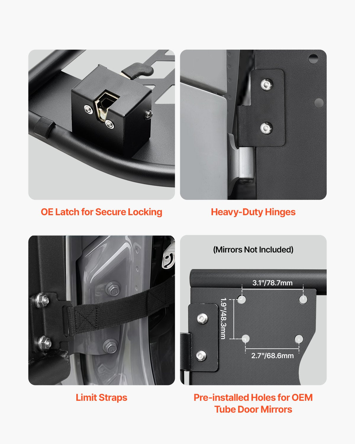 Jeep Tube Doors 2-D TubD Heavy Duty Hinges OE Latch Steel Fit 07-18 Wrangler JK