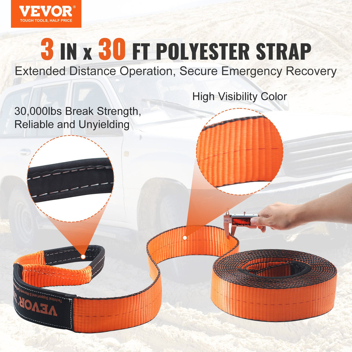 Off-Road Recovery Kit 7.6x914.4cm 13608kg Tow Straps 20T D-Ring Snatch Block
