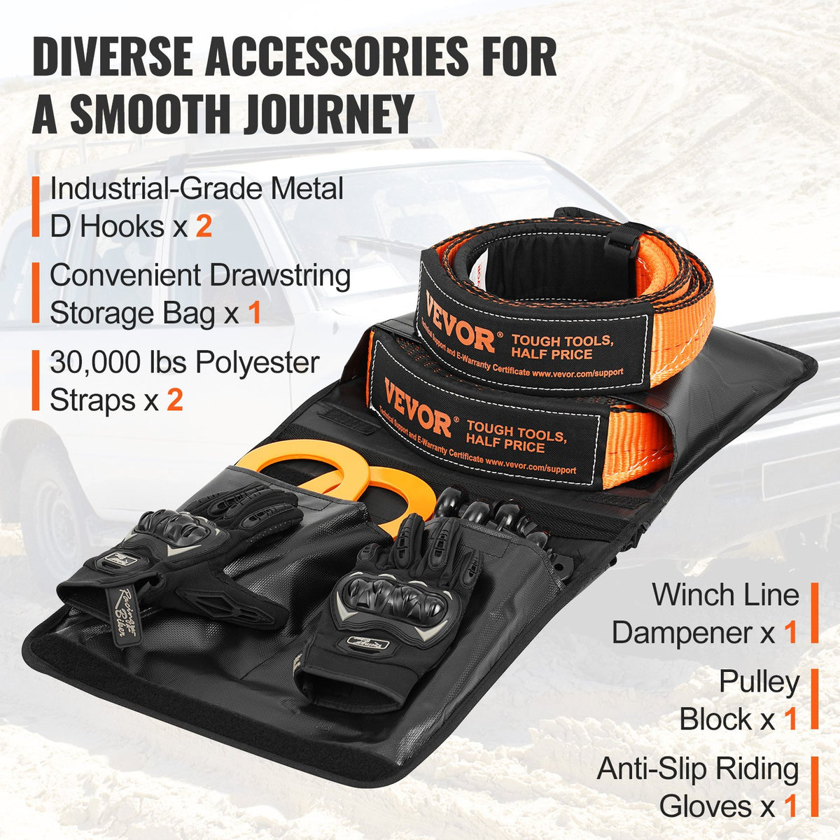 Off-Road Recovery Kit 7.6x914.4cm 13608kg Tow Straps 20T D-Ring Snatch Block