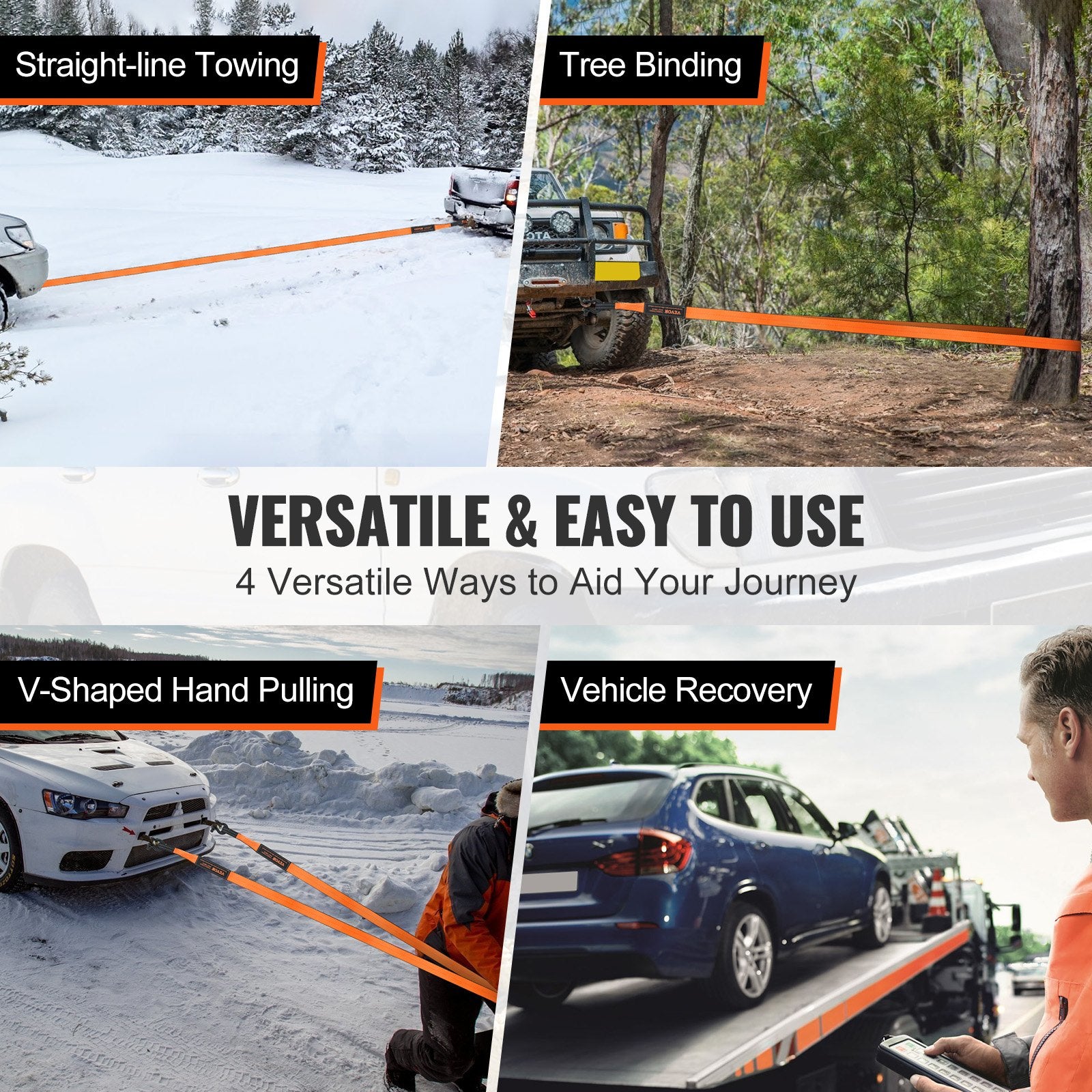 Off-Road Recovery Kit 7.6x914.4cm 13608kg Tow Straps 20T D-Ring Snatch Block