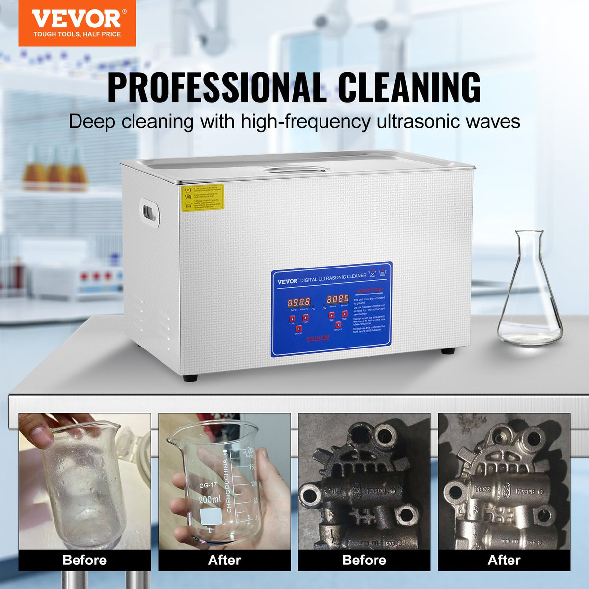 Professional Ultrasonic Cleaner 27.2L with Digital Timer & Heater, 40kHz Stainless Steel