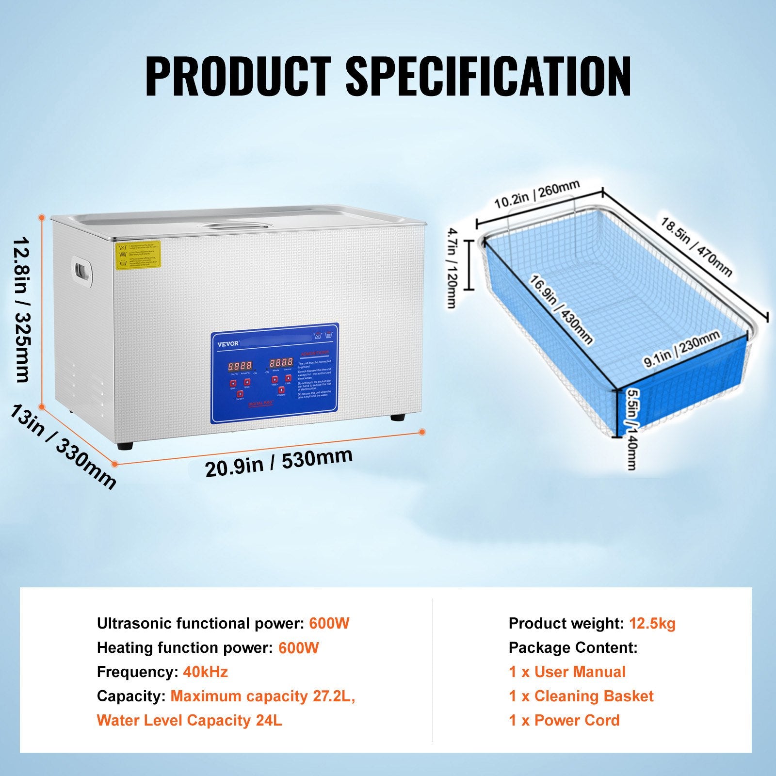 Professional Ultrasonic Cleaner 27.2L with Digital Timer & Heater, 40kHz Stainless Steel