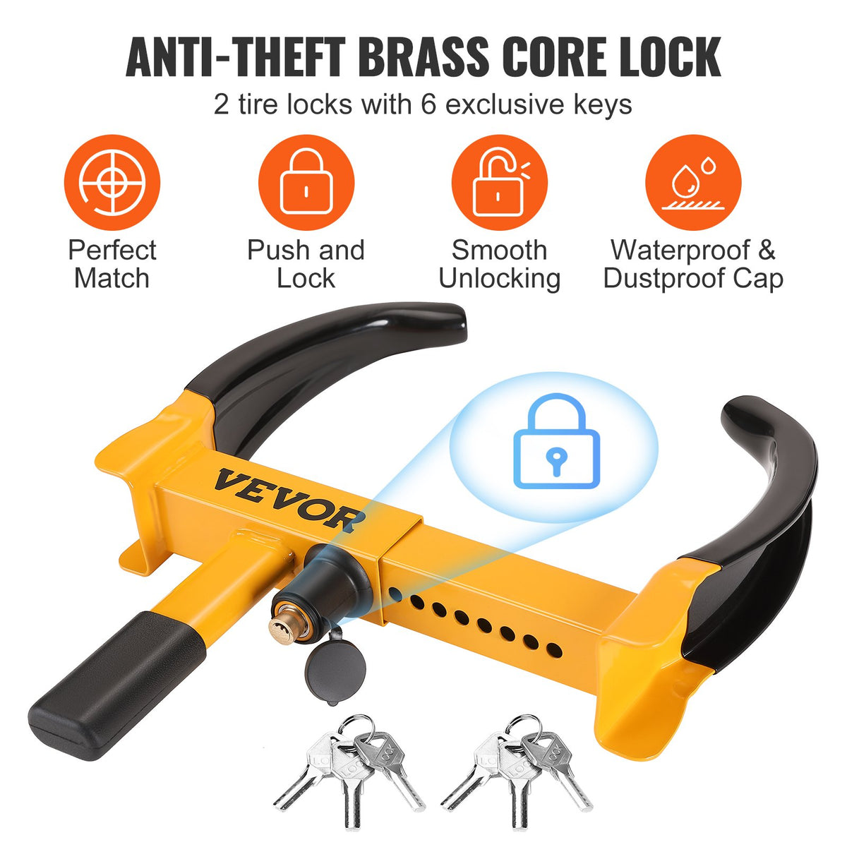 Wheel Lock 2-Pack Universal Adjustable Anti-Theft Steel Tire Clamp with 6 Keys
