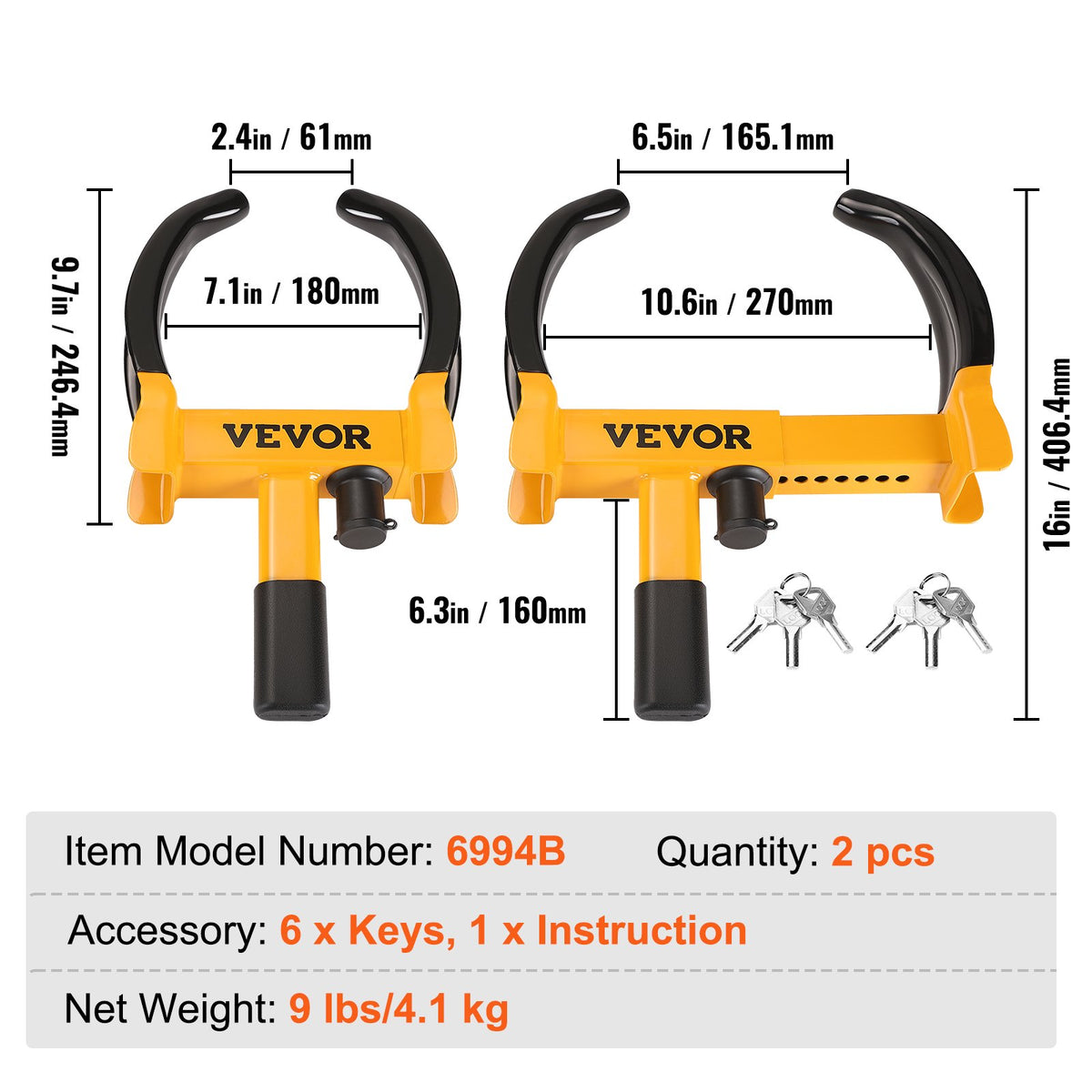Wheel Lock 2-Pack Universal Adjustable Anti-Theft Steel Tire Clamp with 6 Keys