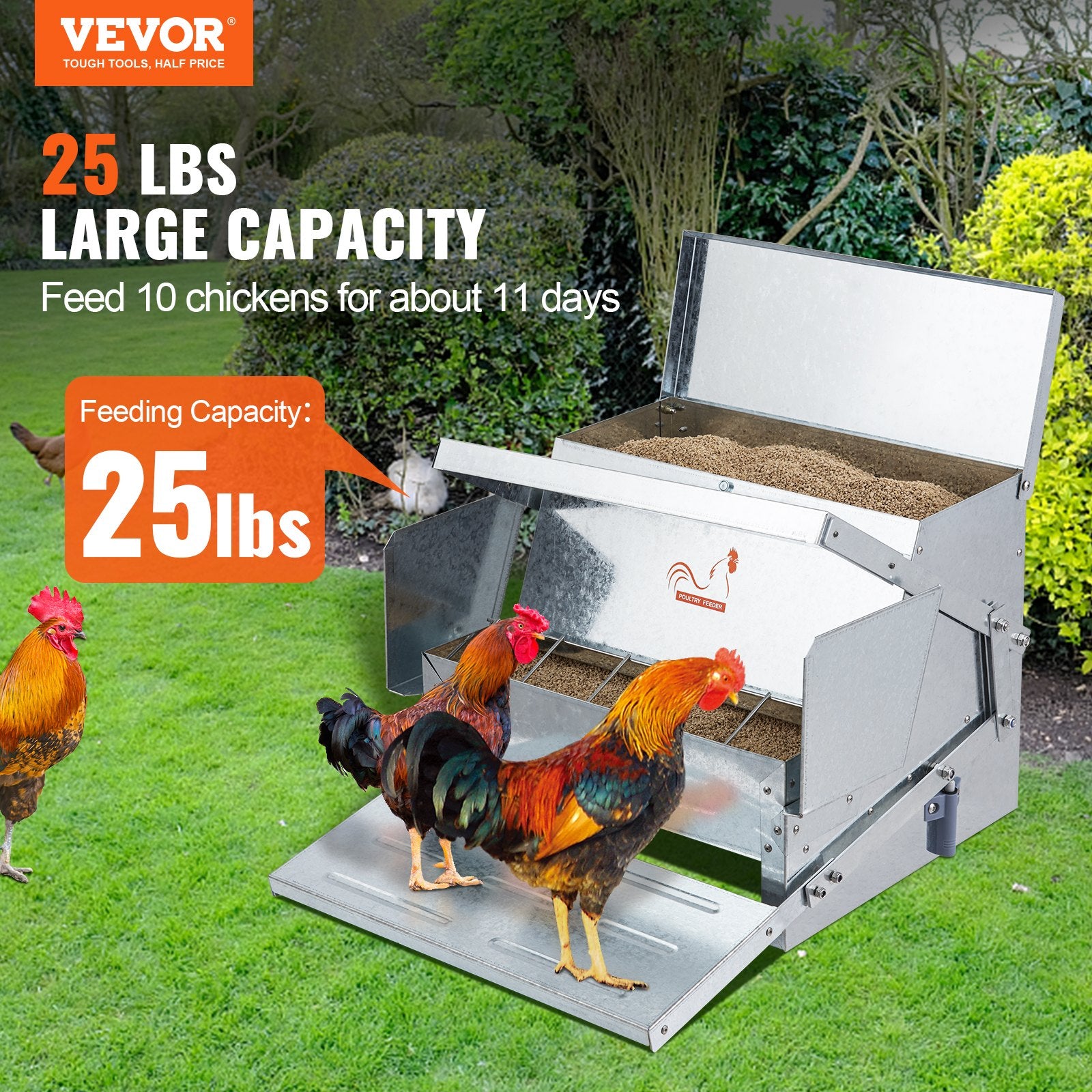 Automatic Chicken Feeder 25 lb Galvanized Steel Poultry Feeder for 10 Chickens