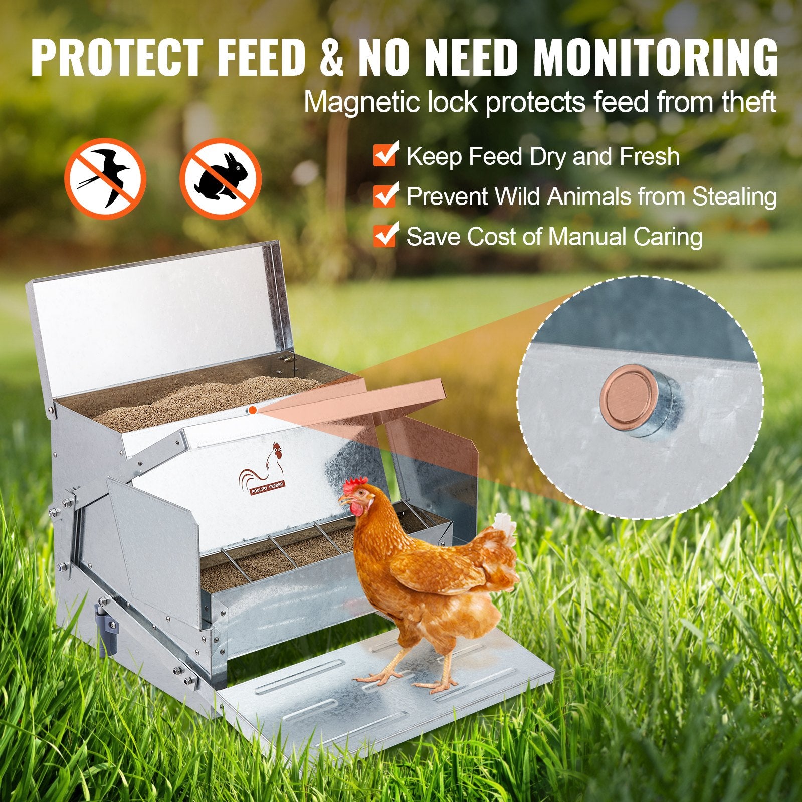 Automatic Chicken Feeder 25 lb Galvanized Steel Poultry Feeder for 10 Chickens