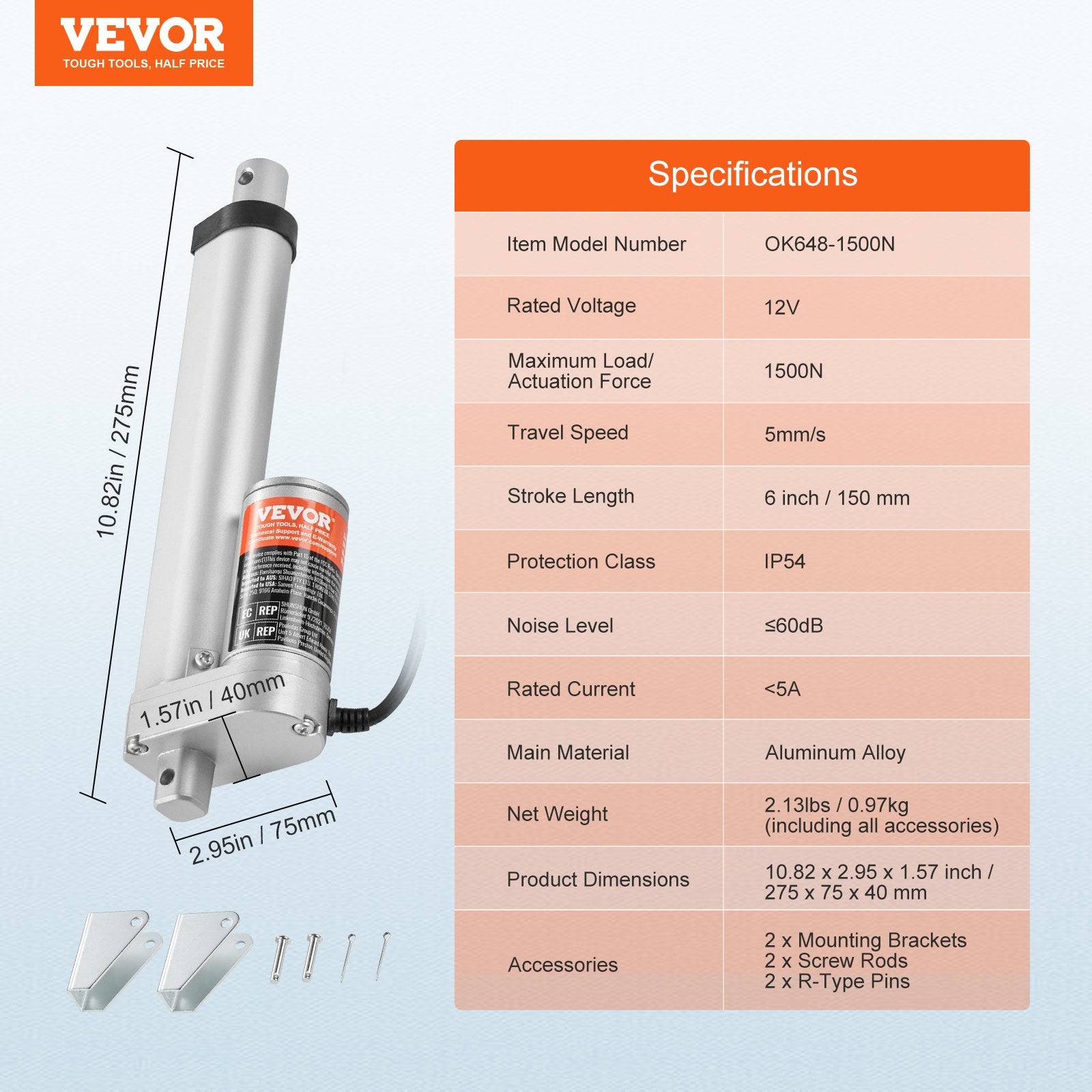 12V 6 Inch Linear Actuator 1500N (330lbs) High Load IP54 with Mounting Bracket
