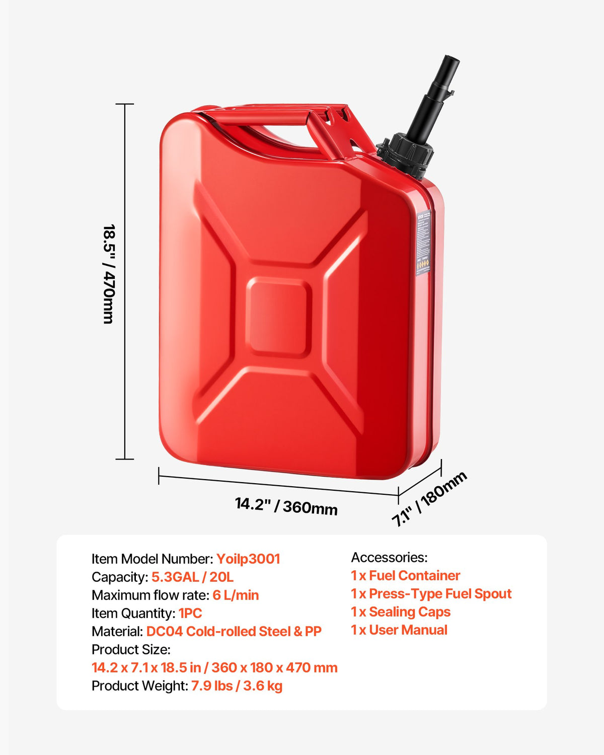 Metal Fuel Container 20L Jerry Can with Spout Comfort Handle 6L/min Leakproof