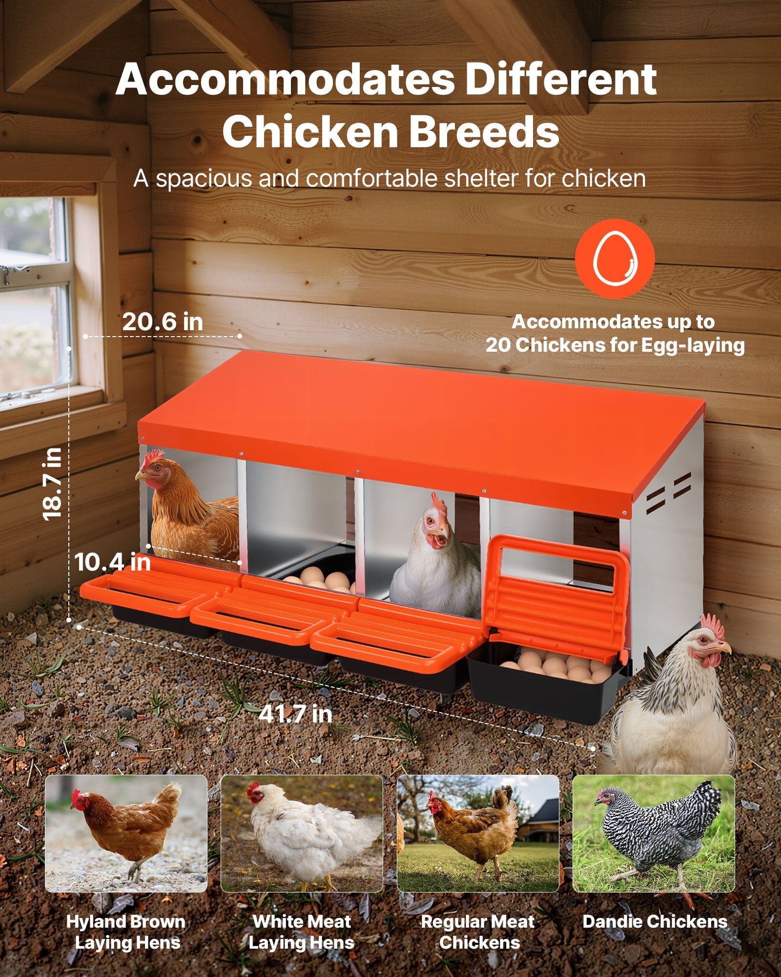 Chicken Nesting Boxes 4 Compartments Metal Roll Out Collection Lids Orange