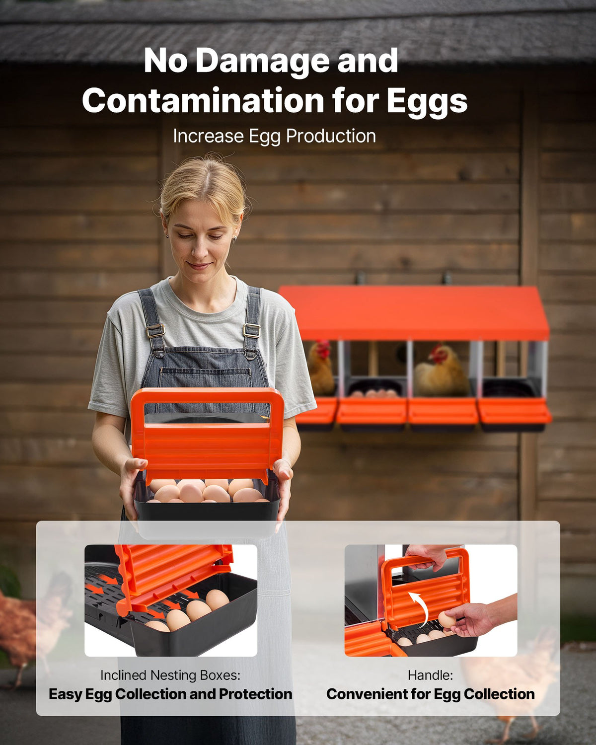 Chicken Nesting Boxes 4 Compartments Metal Roll Out Collection Lids Orange