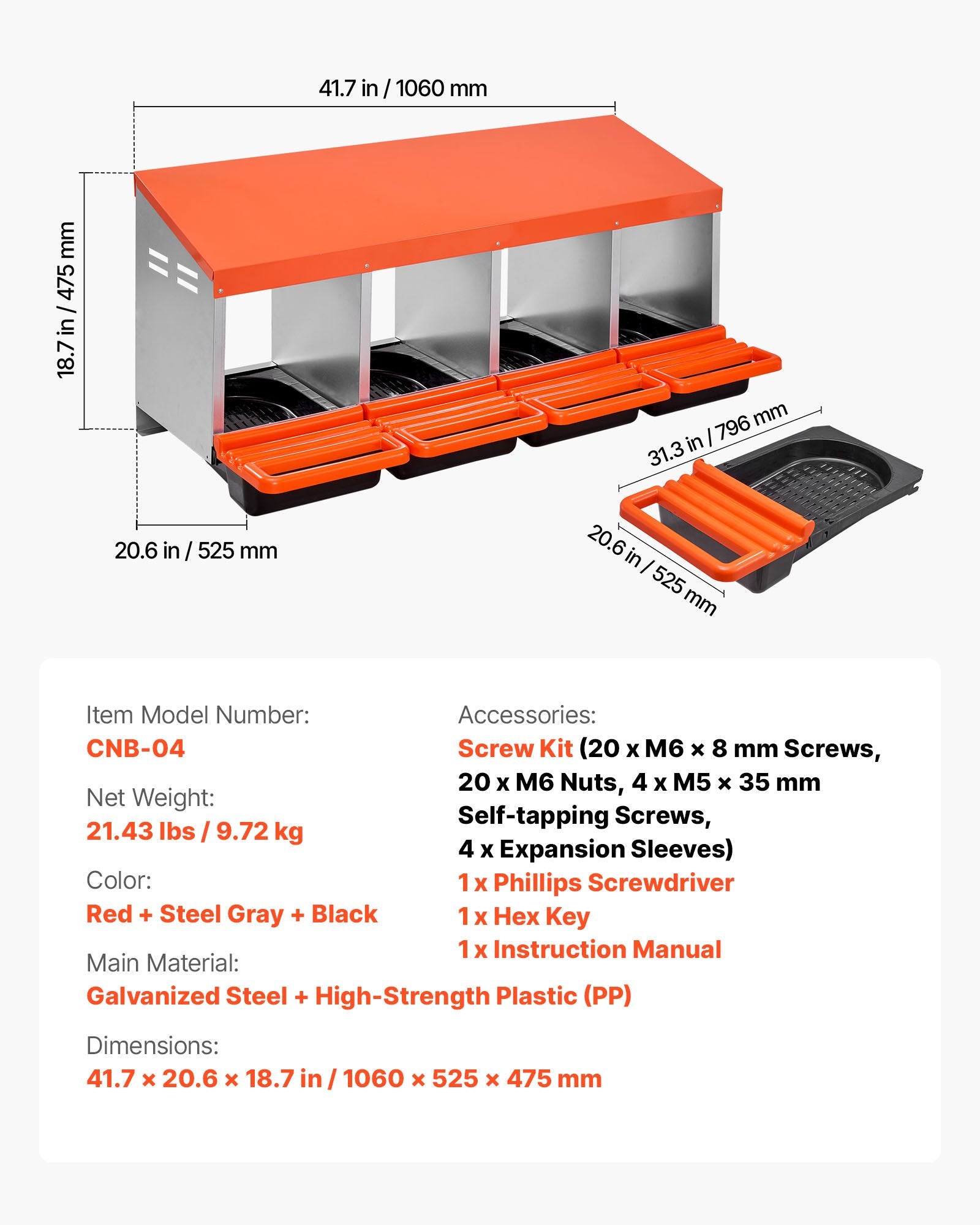 Chicken Nesting Boxes 4 Compartments Metal Roll Out Collection Lids Orange