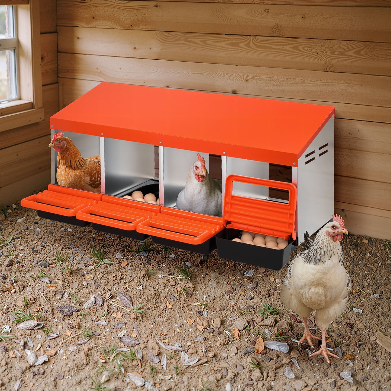 Chicken Nesting Boxes 4 Compartments Metal Roll Out Collection Lids Orange