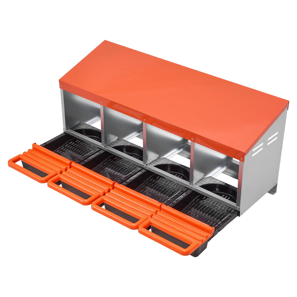 Chicken Nesting Boxes 4 Compartments Metal Roll Out Collection Lids Orange