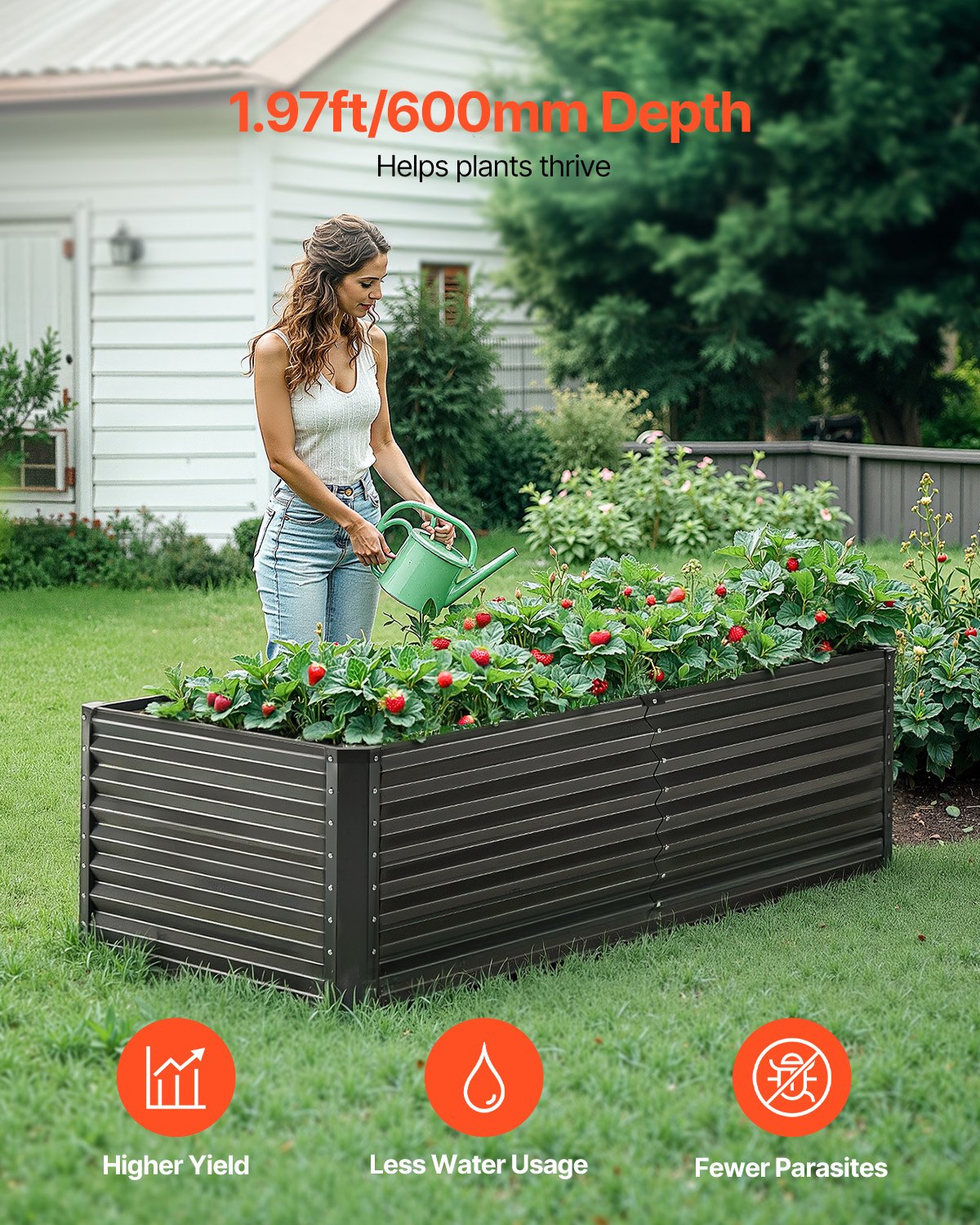 Metal Raised Garden Bed 6x3x2ft Outdoor Galvanized Planter Dark Gray