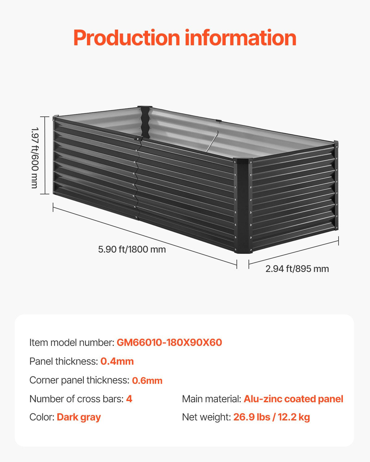 Metal Raised Garden Bed 6x3x2ft Outdoor Galvanized Planter Dark Gray