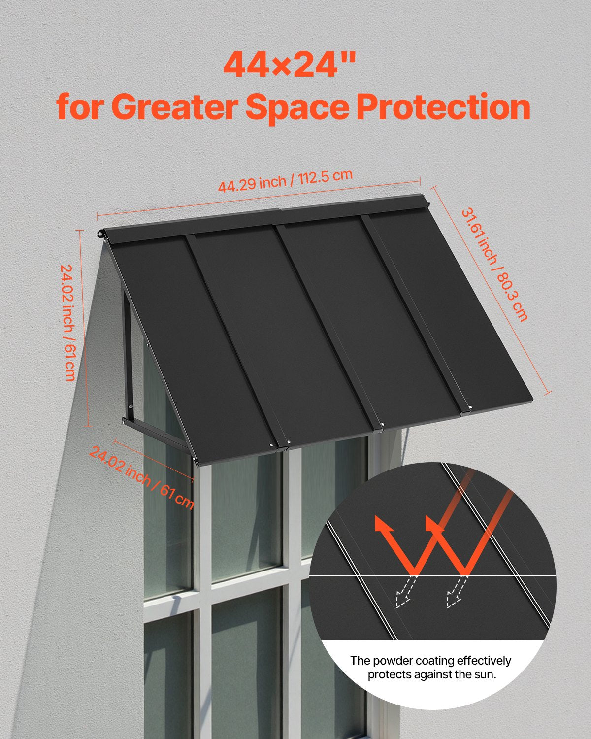 Fixed Metal Awning 44x24" Triangle Steel Frame Window Door Canopy Rain Sun Snow