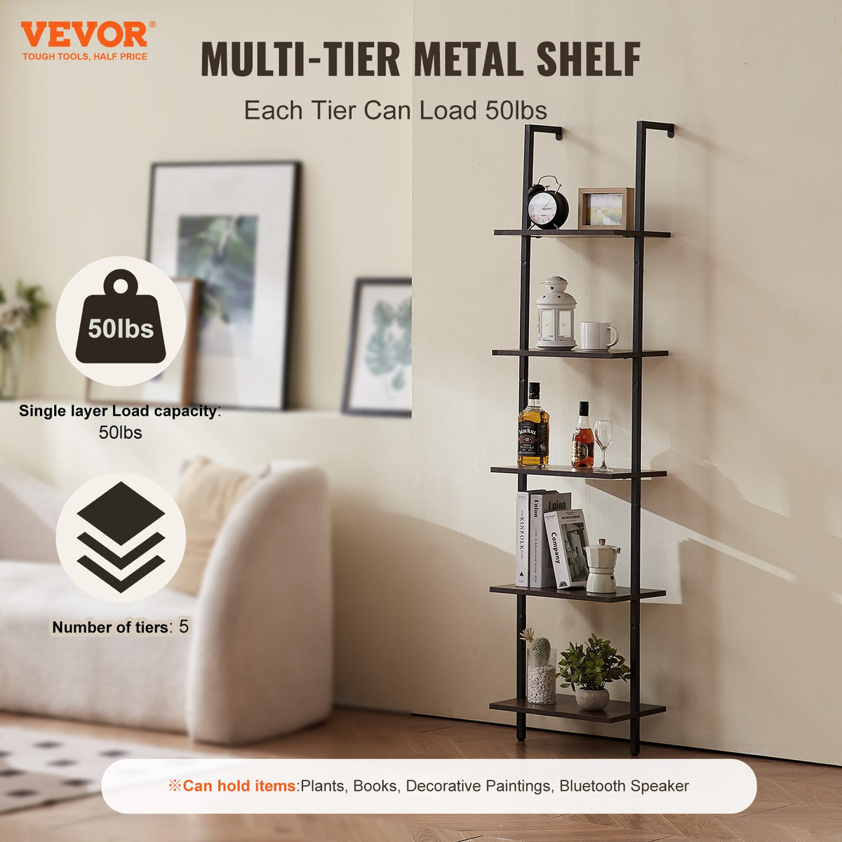 Ladder Shelf 5-Tier Bookshelf 15.6x11.8in Wall-Mounted Metal Storage Rack Black