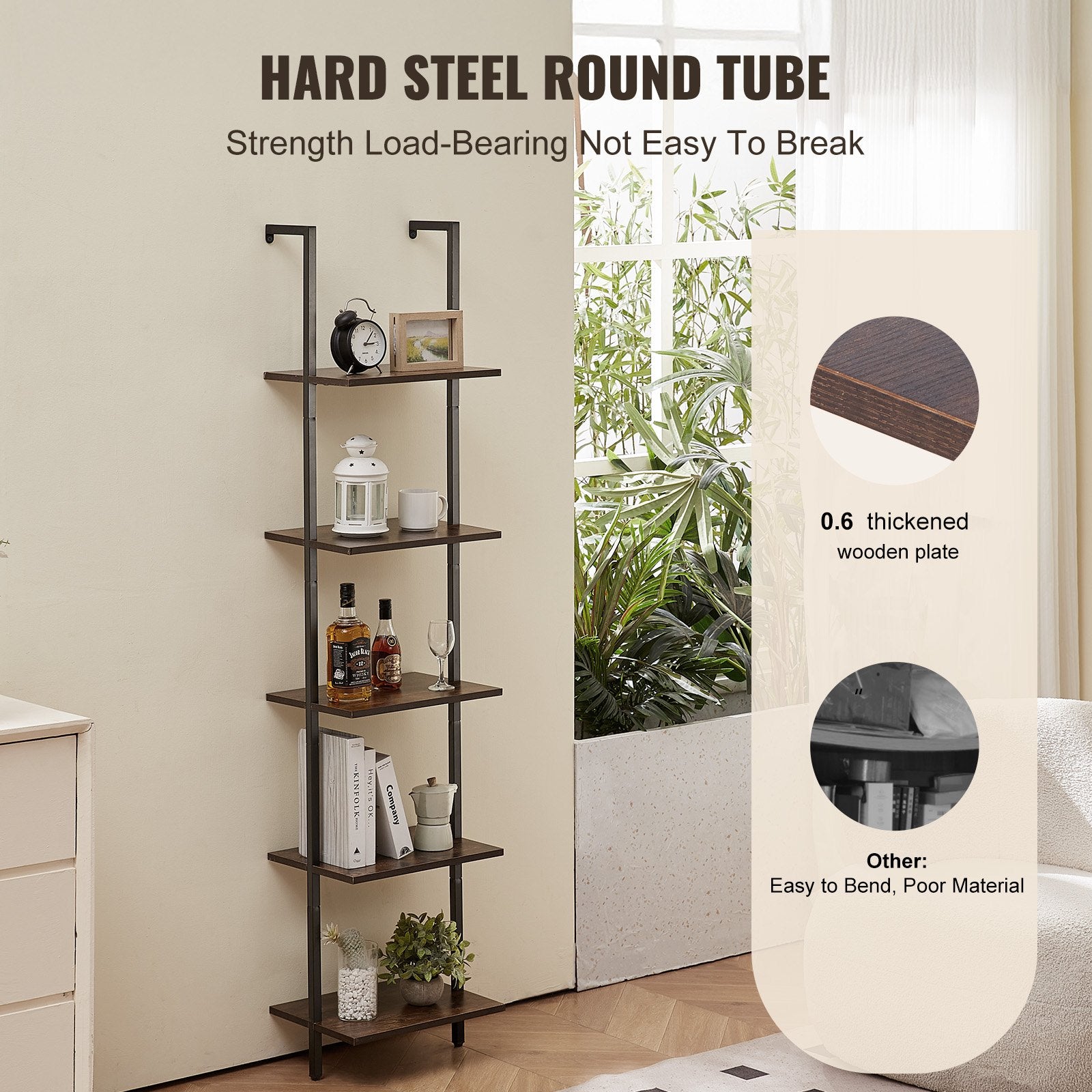 Ladder Shelf 5-Tier Bookshelf 15.6x11.8in Wall-Mounted Metal Storage Rack Black