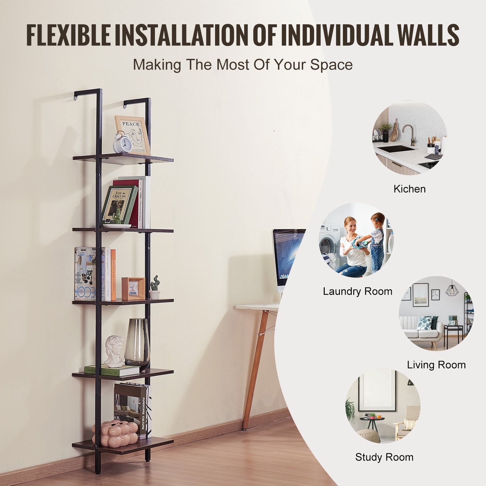 Ladder Shelf 5-Tier Bookshelf 15.6x11.8in Wall-Mounted Metal Storage Rack Black