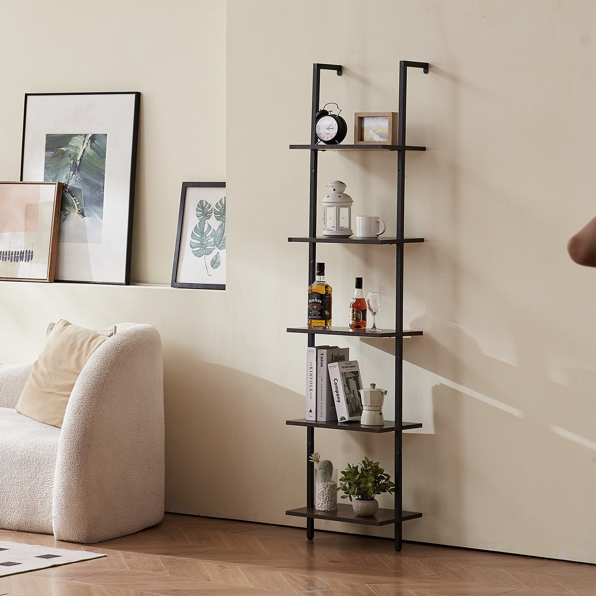 Ladder Shelf 5-Tier Bookshelf 15.6x11.8in Wall-Mounted Metal Storage Rack Black