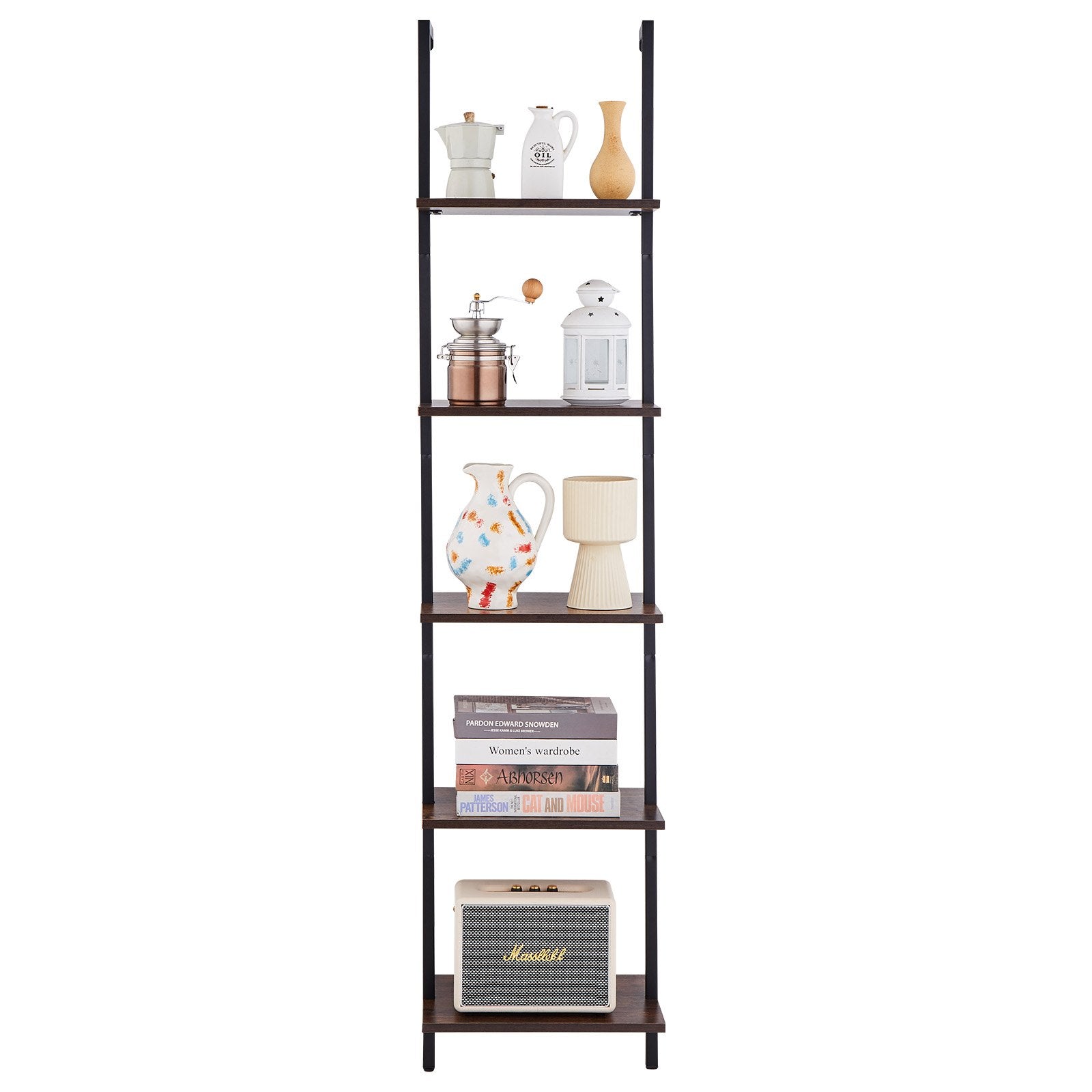 Ladder Shelf 5-Tier Bookshelf 15.6x11.8in Wall-Mounted Metal Storage Rack Black