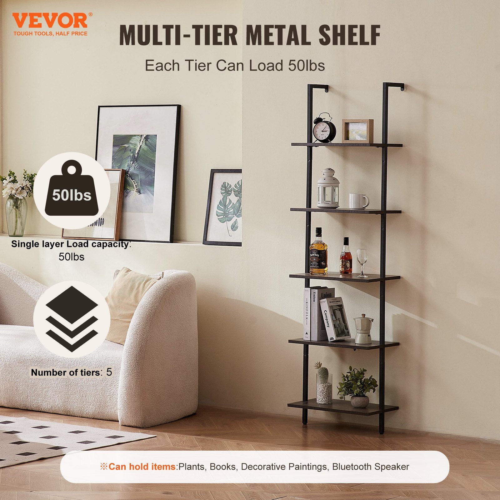 Ladder Shelf 5-Tier Wall-Mounted Bookshelf Metal Frame Storage Rack Black