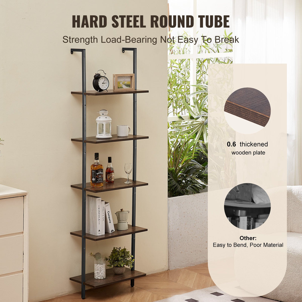 Ladder Shelf 5-Tier Wall-Mounted Bookshelf Metal Frame Storage Rack Black