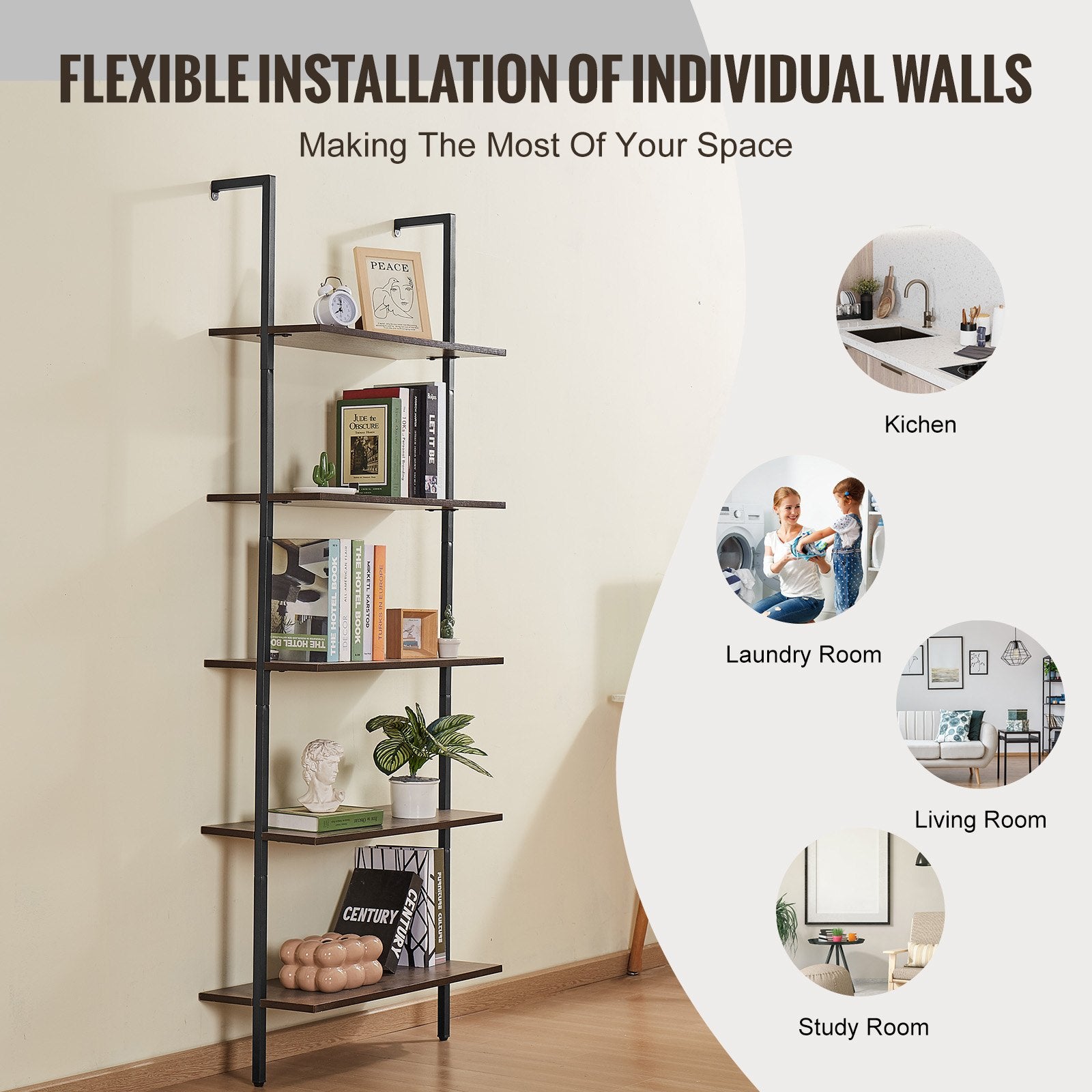 Ladder Shelf 5-Tier Wall-Mounted Bookshelf Metal Frame Storage Rack Black