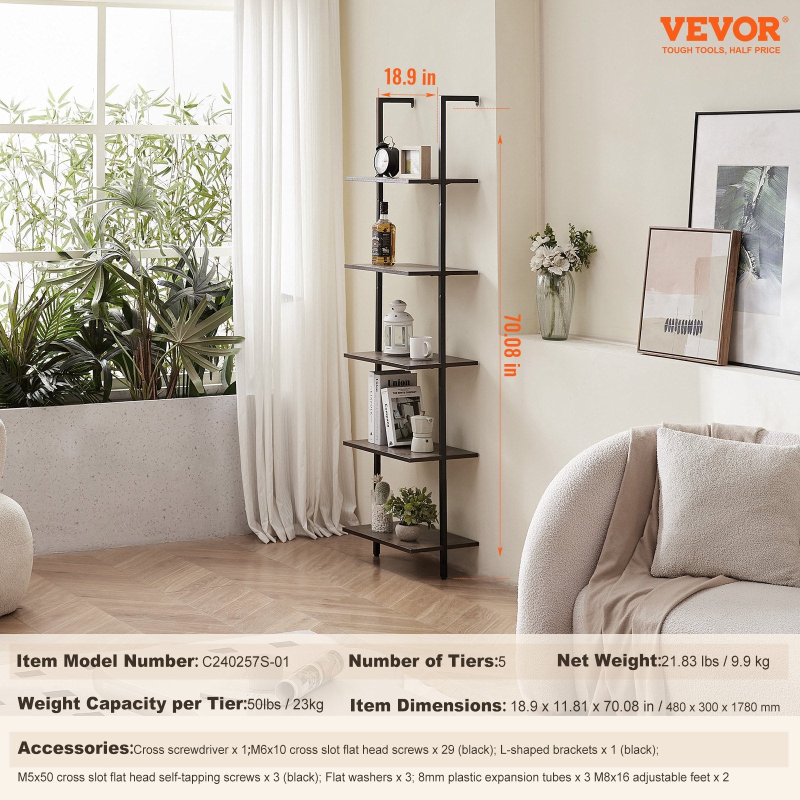 Ladder Shelf 5-Tier Wall-Mounted Bookshelf Metal Frame Storage Rack Black