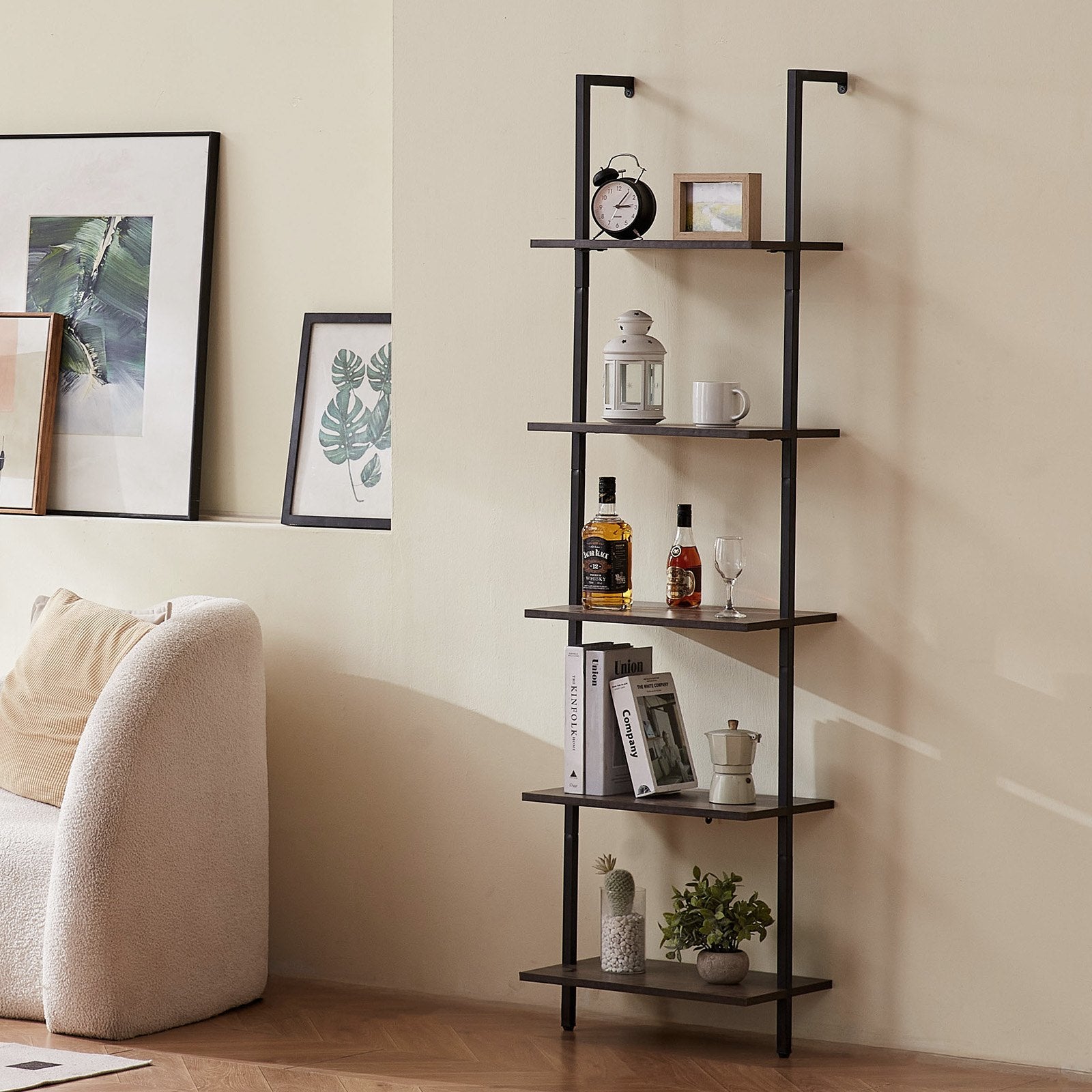 Ladder Shelf 5-Tier Wall-Mounted Bookshelf Metal Frame Storage Rack Black