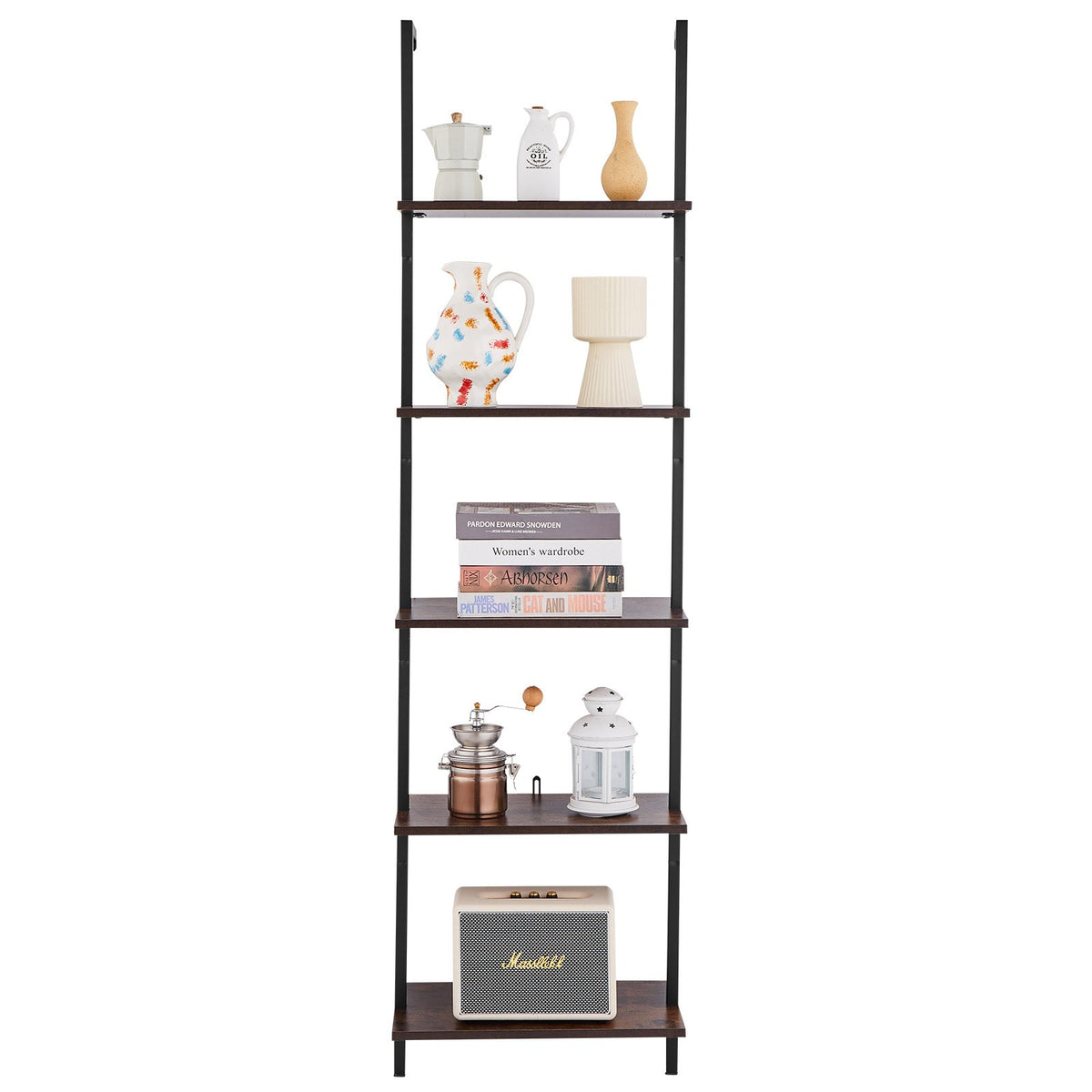 Ladder Shelf 5-Tier Wall-Mounted Bookshelf Metal Frame Storage Rack Black