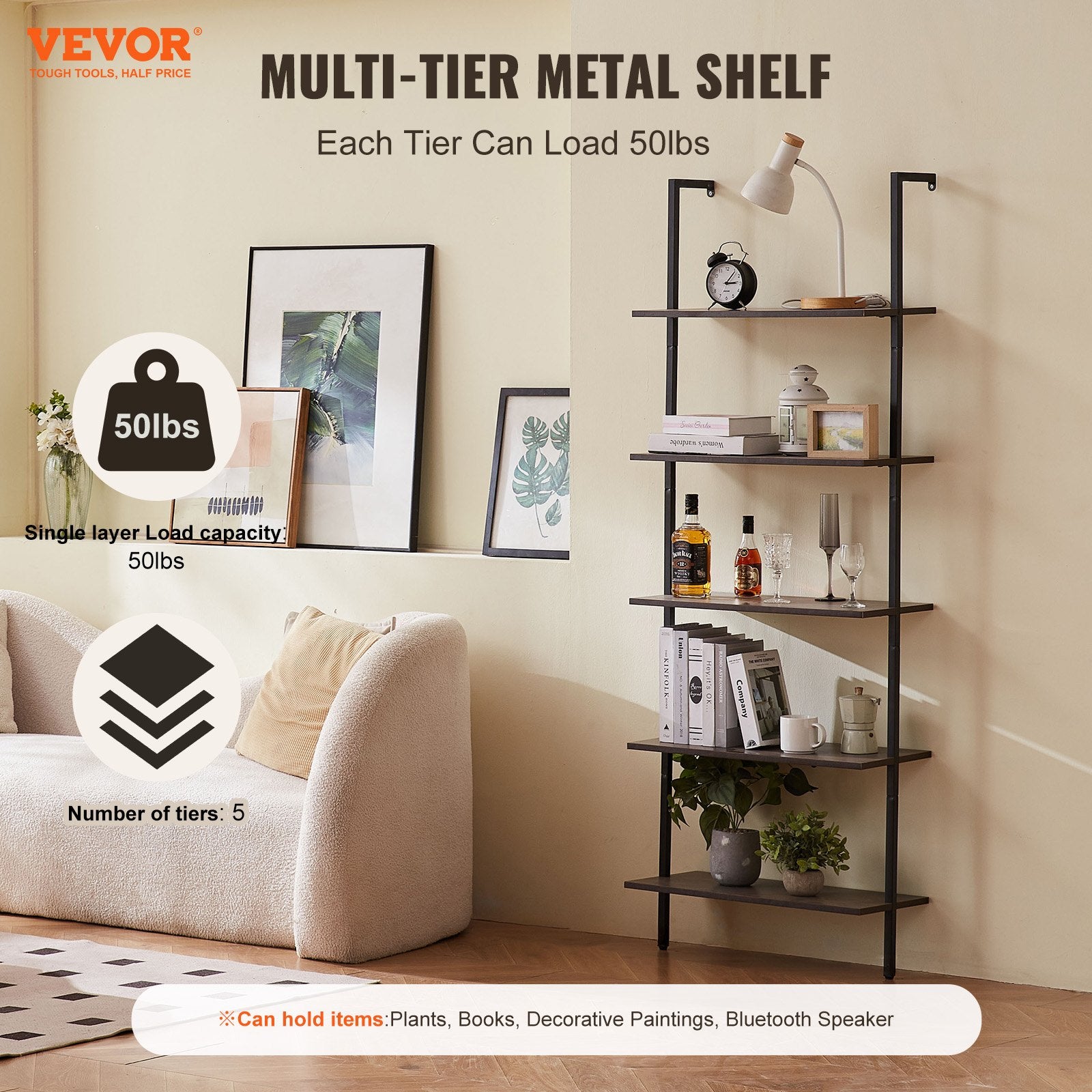 Ladder Shelf 5-Tier Bookshelf 24x11.8in Wall-Mounted Metal Storage Rack Black