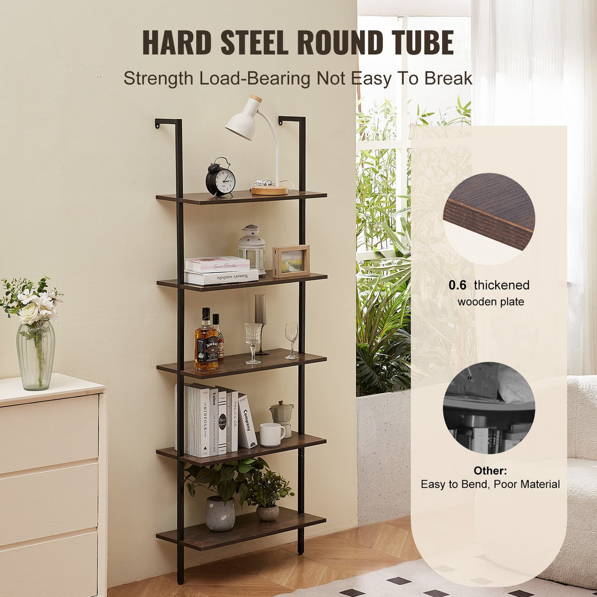Ladder Shelf 5-Tier Bookshelf 24x11.8in Wall-Mounted Metal Storage Rack Black