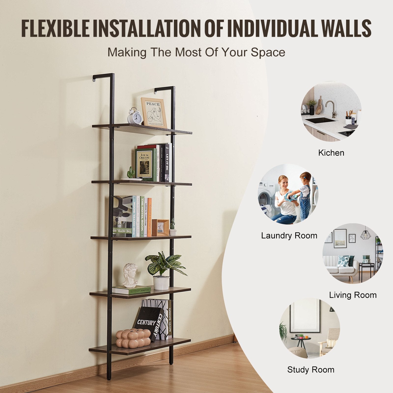 Ladder Shelf 5-Tier Bookshelf 24x11.8in Wall-Mounted Metal Storage Rack Black
