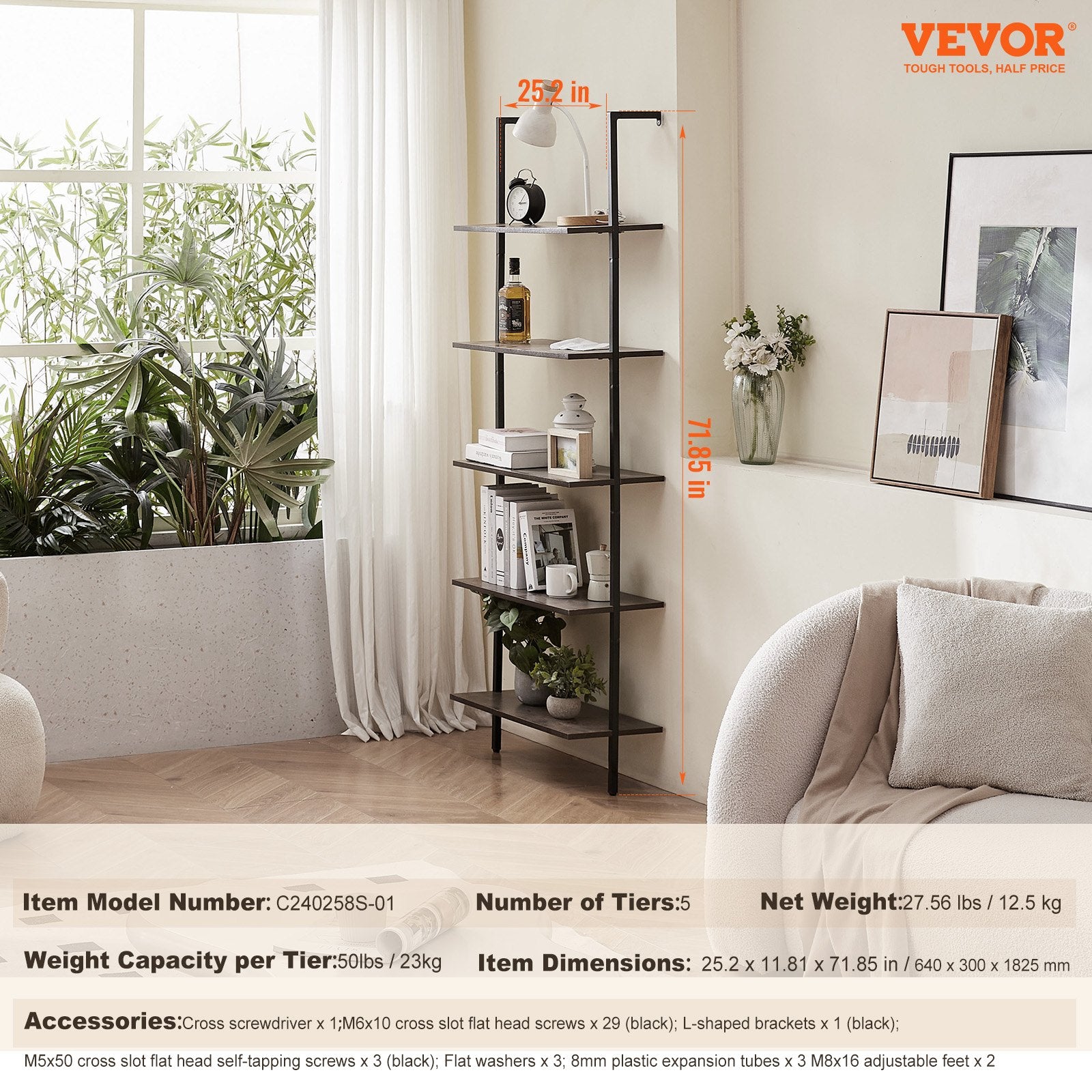 Ladder Shelf 5-Tier Bookshelf 24x11.8in Wall-Mounted Metal Storage Rack Black