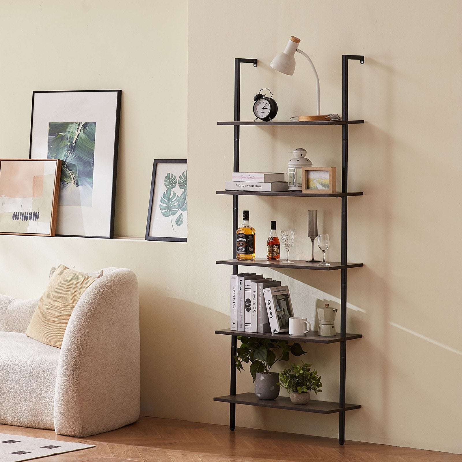 Ladder Shelf 5-Tier Bookshelf 24x11.8in Wall-Mounted Metal Storage Rack Black
