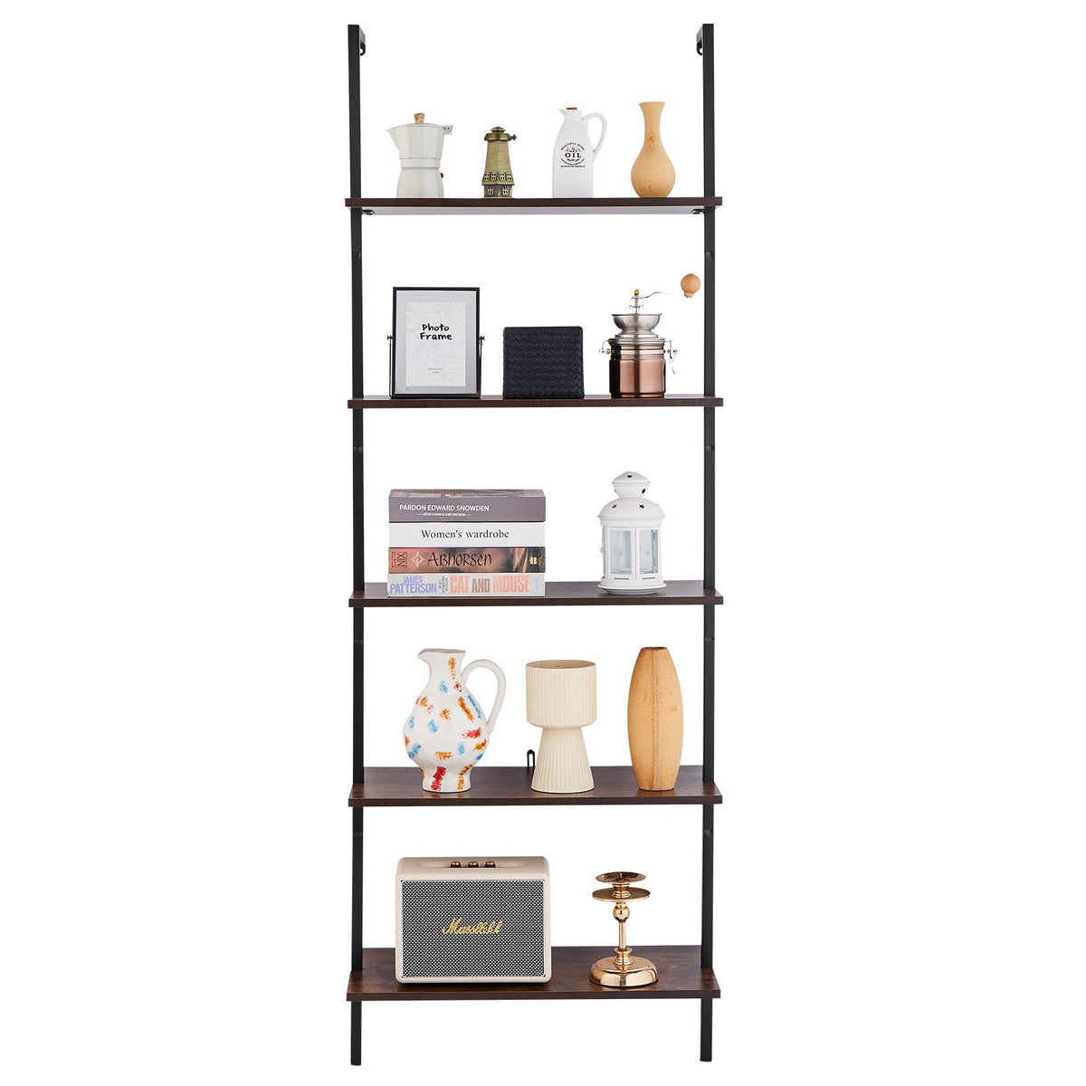 Ladder Shelf 5-Tier Bookshelf 24x11.8in Wall-Mounted Metal Storage Rack Black