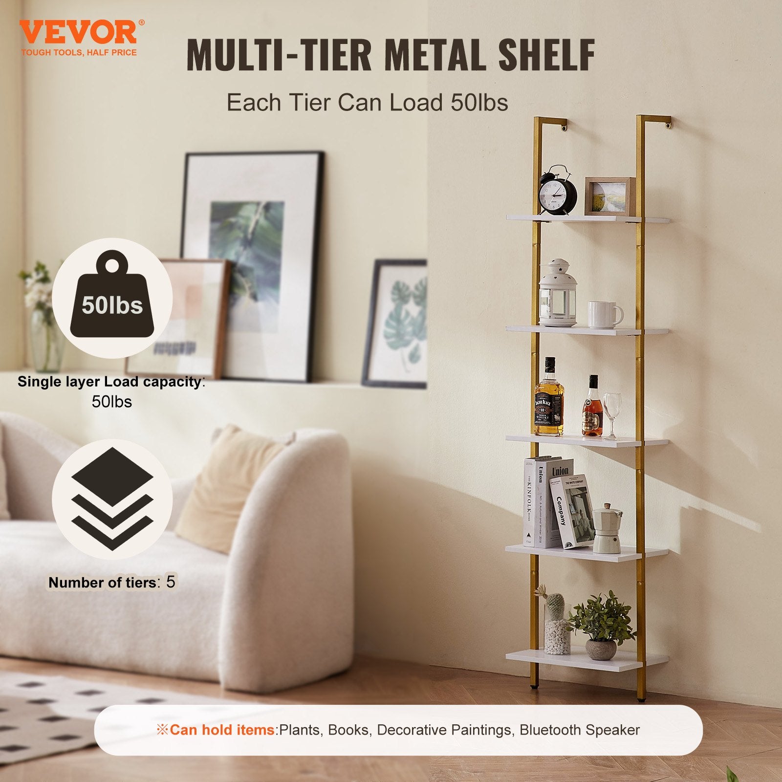 Ladder Shelf 5-Tier 15.6x11.8in Wall-Mounted Metal Storage Rack Gold White